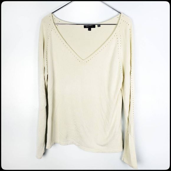 BCBG MAX AZRIA Canary Yellow Silk Eyelet Long Sleeve V Neck Knit Sweater Large - Picture 1 of 7
